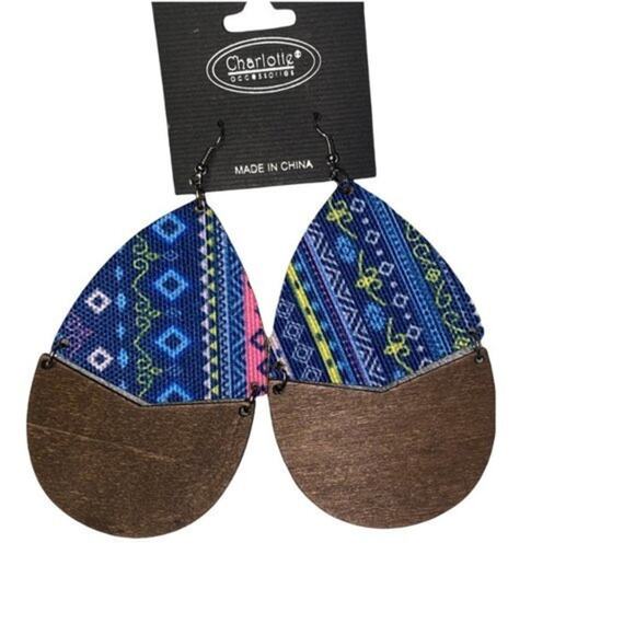 NWT Wooden Fabric Covered Boho Aztec Dangle Earrings Blue Rainbow - Picture 2 of 6